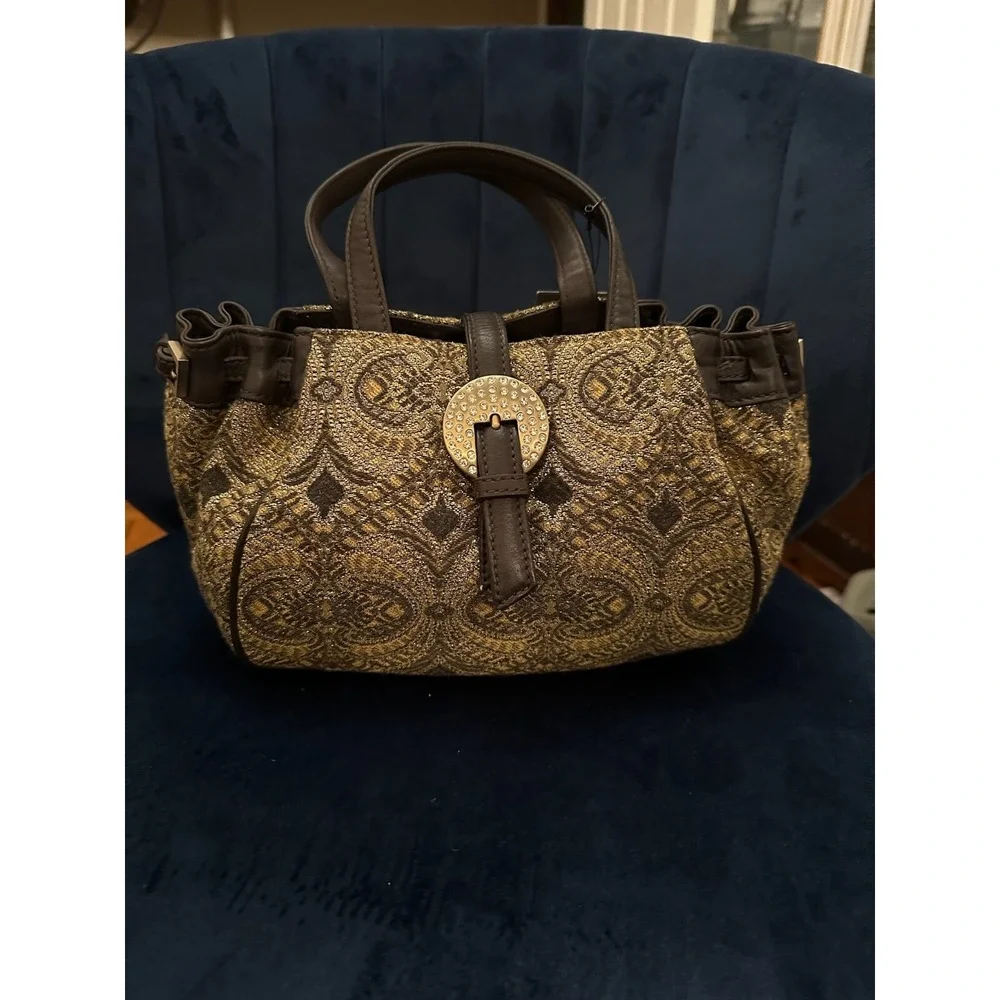 Donald J Pliner Gold Brocade Finesse Satchel Buckle Detail Handbag‎ Purse